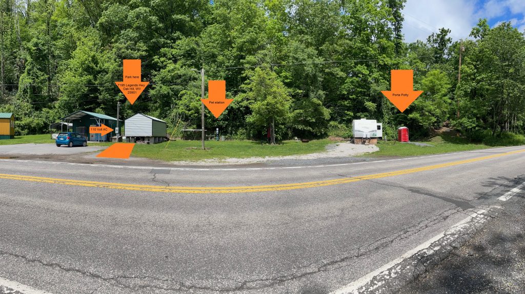 hilltop sunrise urban camping wall-side tent new river gorge national park and preserve Fayette county Fayetteville oak hill hilltop WV West Virginia van life parking pet station porta potty 110 volt AC outlet