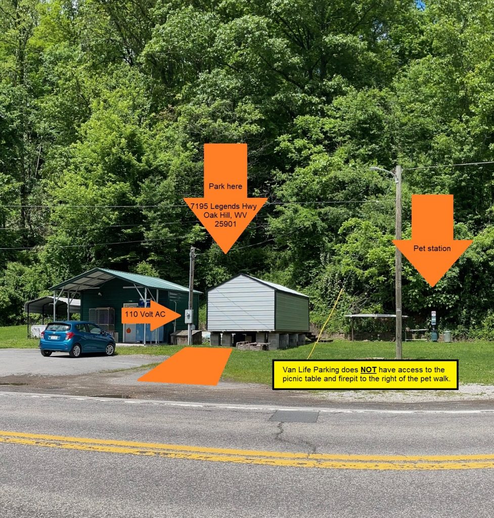 hilltop sunrise urban camping wall-side tent new river gorge national park and preserve Fayette county Fayetteville oak hill hilltop WV West Virginia van life parking pet station porta potty 110 volt AC outlet