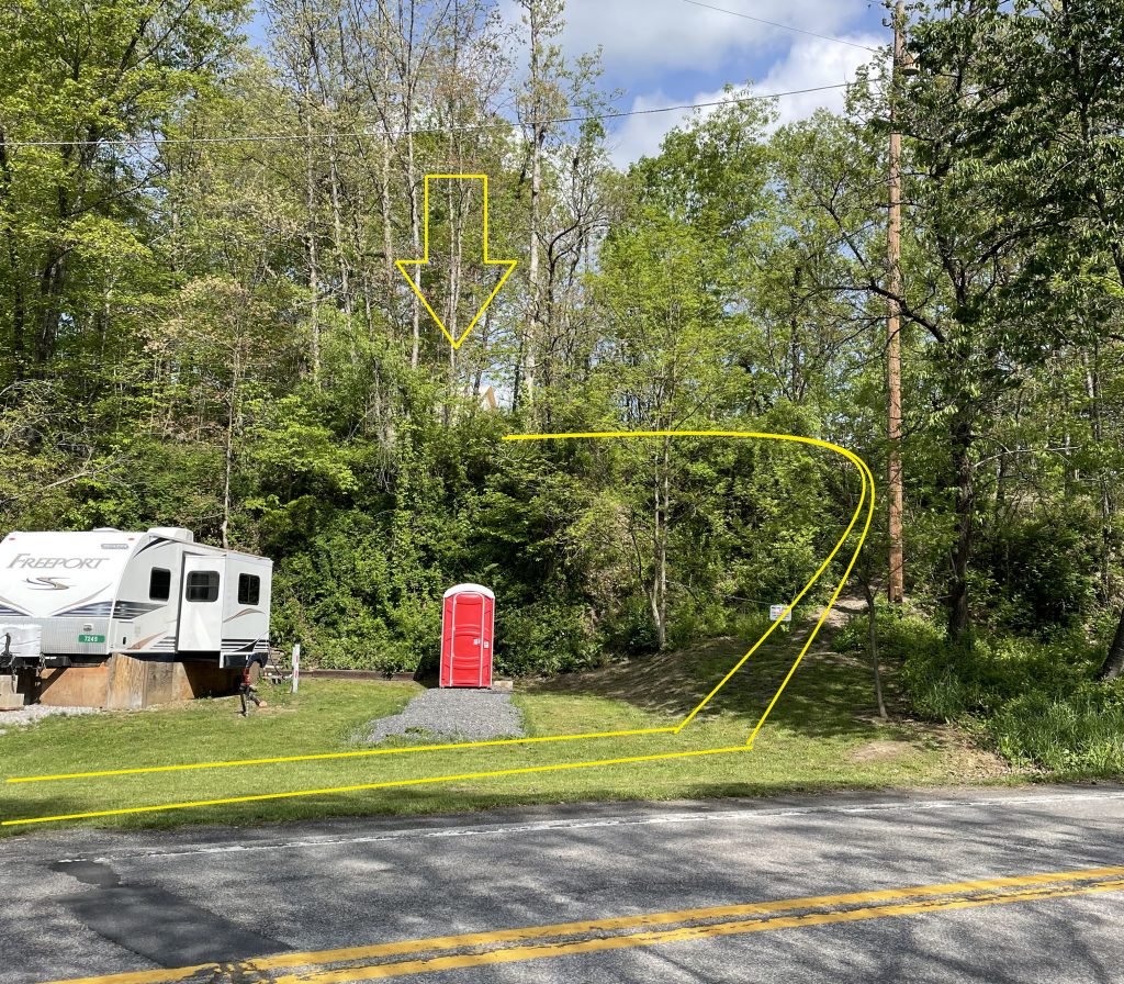 hilltop sunrise urban camping wall-side tent new river gorge national park and preserve Fayette county Fayetteville oak hill hilltop WV West Virginia Vevor wall-side tent porta potty, path, tent