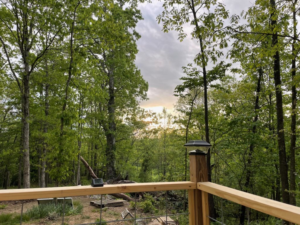 hilltop sunrise urban camping wall-side tent new river gorge national park and preserve Fayette county Fayetteville oak hill hilltop WV West Virginia Vevor wall-side tent sunrise from the deck 2025-05-12