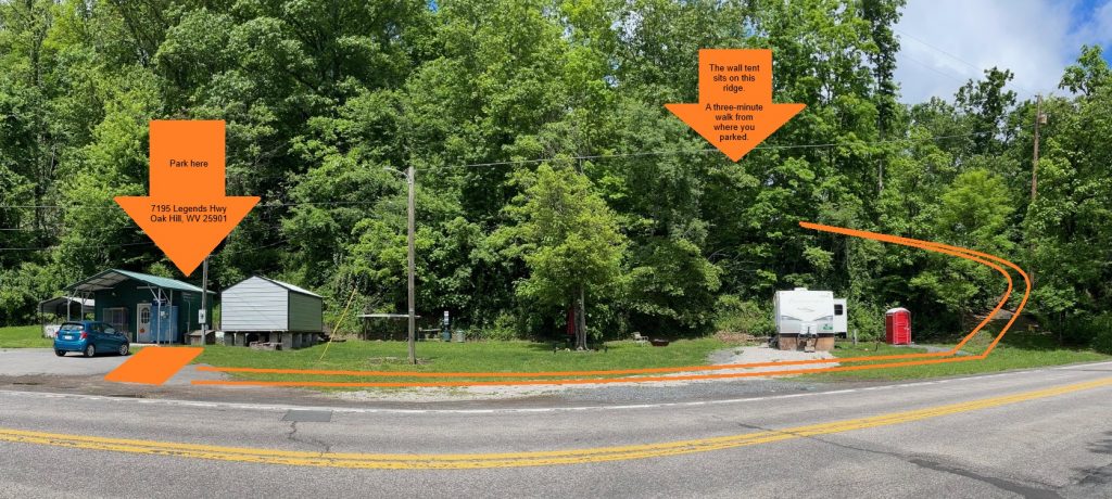 hilltop sunrise urban camping wall-side tent new river gorge national park and preserve Fayette county Fayetteville oak hill hilltop WV West Virginia Vevor wall-side tent where to park, path, tent