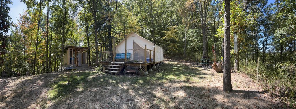 hilltop sunrise urban camping wall-side tent new river gorge bridge Fayette county Fayetteville oak hill hilltop WV West Virginia tent bath house with hot shower full resolution panoramic of hilltop sunrise