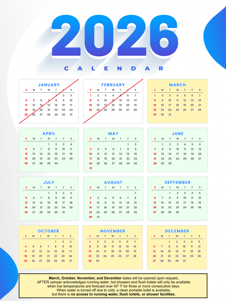 2026 camping rental season calendar hilltop sunrise urban bunkie-style cozy cabin hot shower queen bed new river gorge bridge Fayette county Fayetteville oak hill hilltop WV West Virginia full resolution