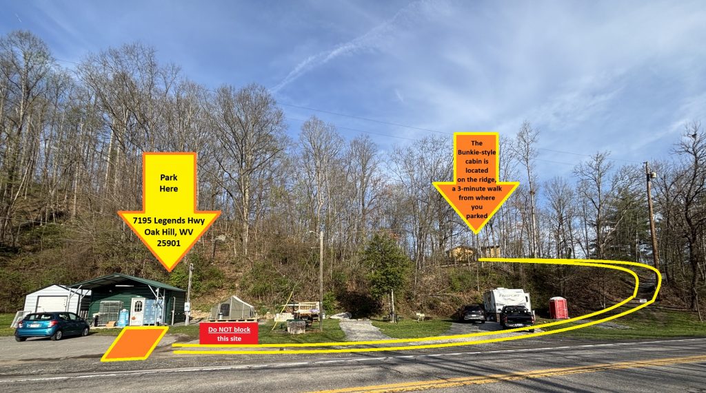 hilltop sunrise urban camping bunkie-style cabin new river gorge national park and preserve Fayette county Fayetteville oak hill hilltop WV West Virginia park here the bunkie-style cabin is located on the ridge, a 3-minute walk from where you parked