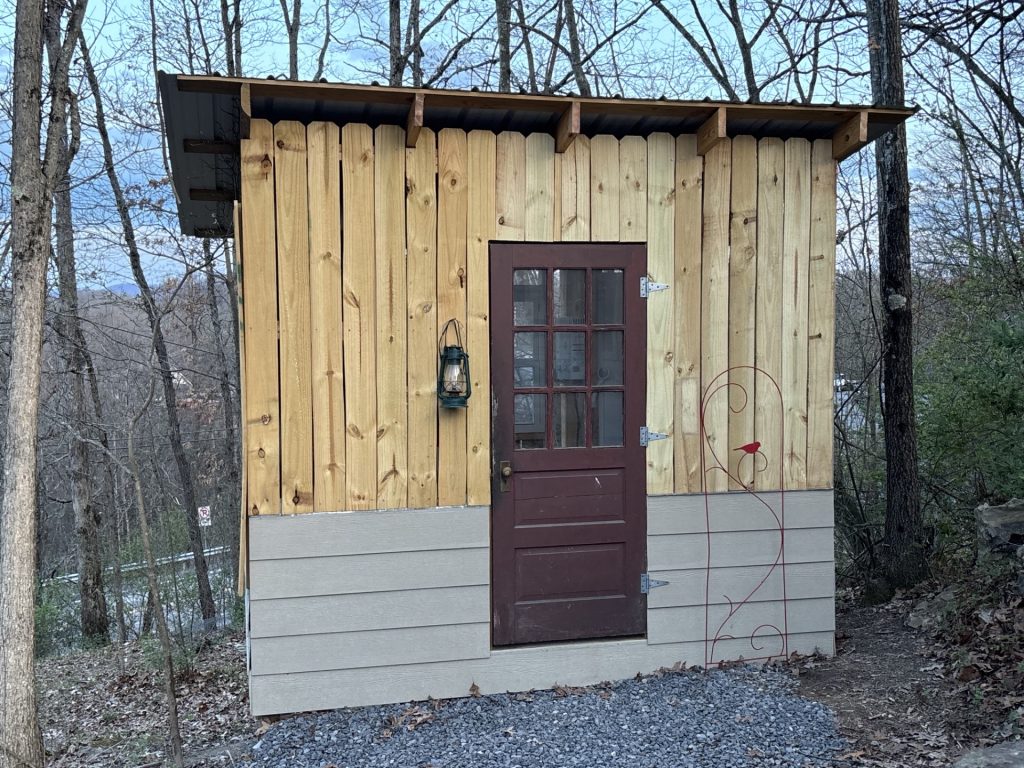 hilltop sunrise urban camping bunkie-style cabin with private hot outdoor shower new river gorge bridge Fayette county Fayetteville oak hill hilltop WV West Virginia